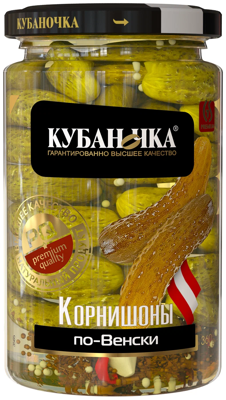 картинка Кубан КОРНИШОНЫ МАЛЕНЬКАЯ по-венски огурцы 360гр от нашего магазина